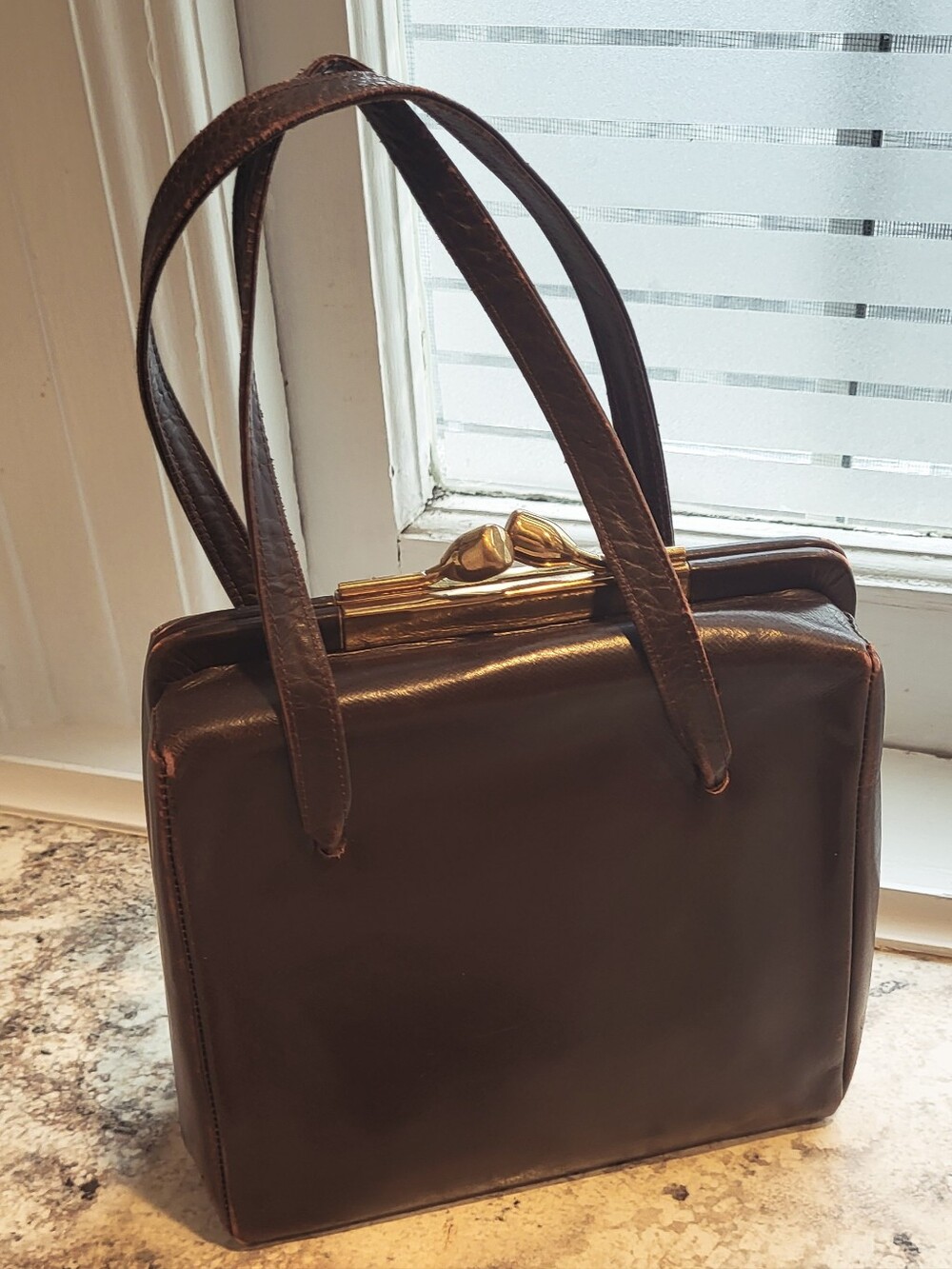 Normandie Brand Vintage Classic Dark Brown Leather Tote Bag with Gold-Tone Frame